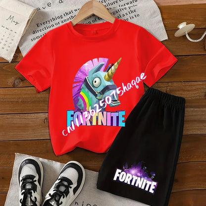 2026 New Fortnite Kids Pure Cotton Short-Sleeved Set with Cartoon Print Boys' Sport Shirt Casual Top Summer T-Shirt 2 Pieces