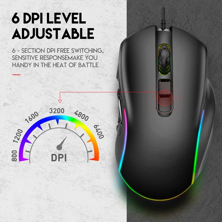 Mouse de birou pentru gaming cu fir 7200DPI, iluminare RGB, 6 niveluri DPI ajustabile/10 butoane programabile/buton de revenire la desktop