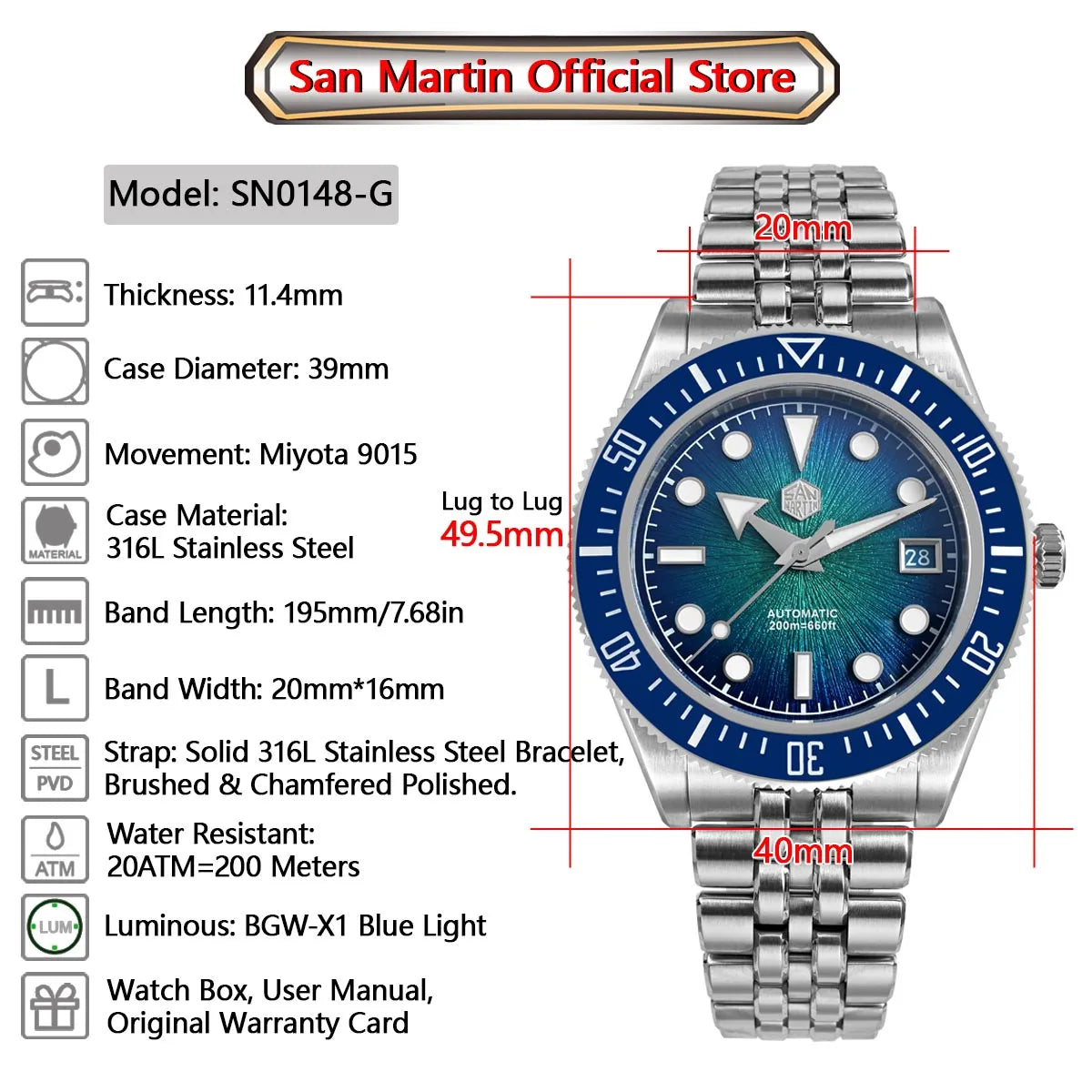 San Martin 40mm Men's Luxury Diver Watch Miyota 9015 Enamel Sunburst Dial Automatic Mechanical Wristwatch Waterproof 200m SN0148