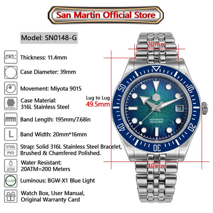 San Martin 40mm Men's Luxury Diver Watch Miyota 9015 Enamel Sunburst Dial Automatic Mechanical Wristwatch Waterproof 200m SN0148