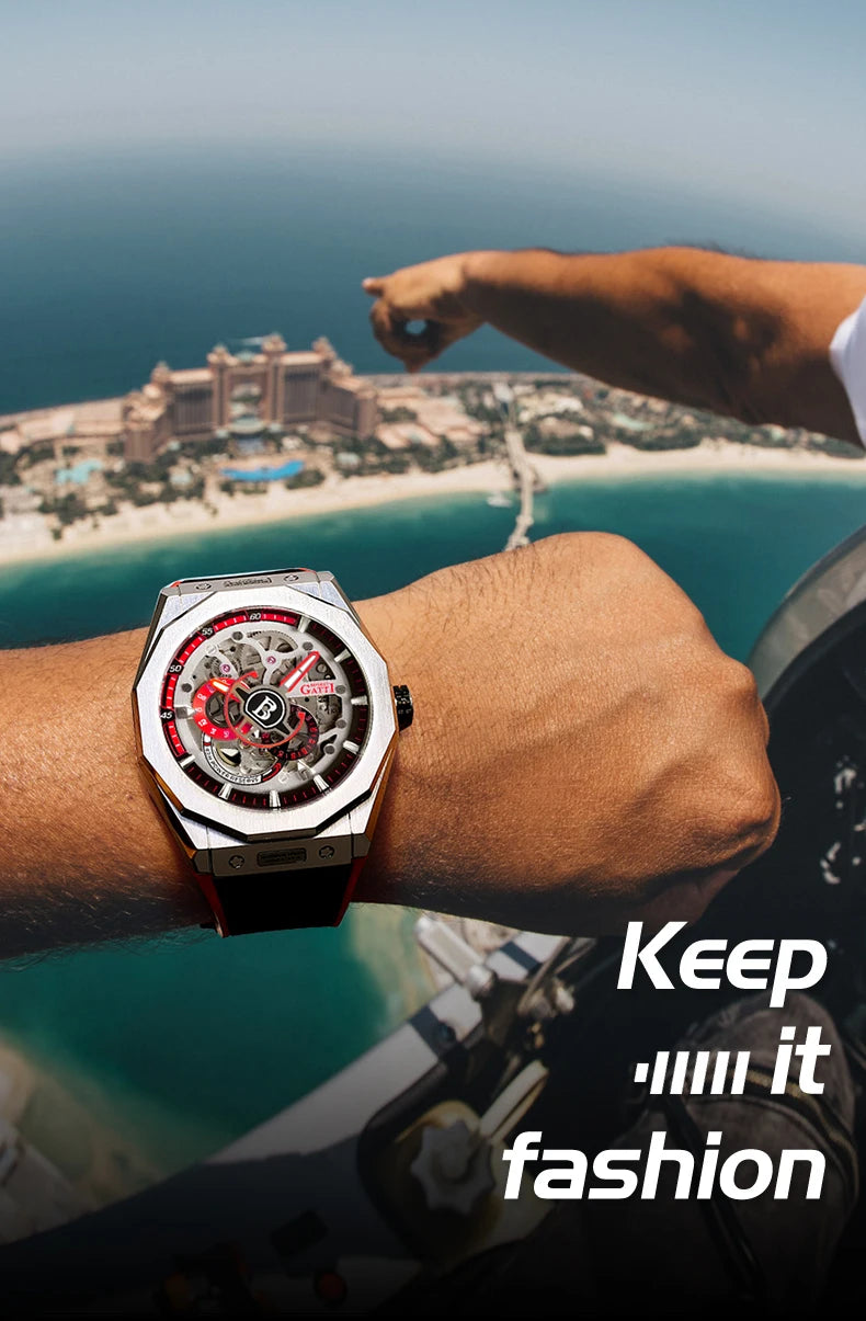 BONEST GATTI BG7601 Men Automatic Mechanical Watch Sapphire Crystal Waterproof Luminous Rubber Strap Wristwatch
