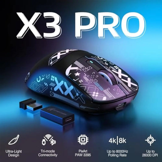 Mouse de gaming wireless Bluetooth Attack Shark X3Pro, PixArt PAW3395, 26000dpi, mouse optic, conexiune tri-mode, mouse de gaming cu macrocomenzi