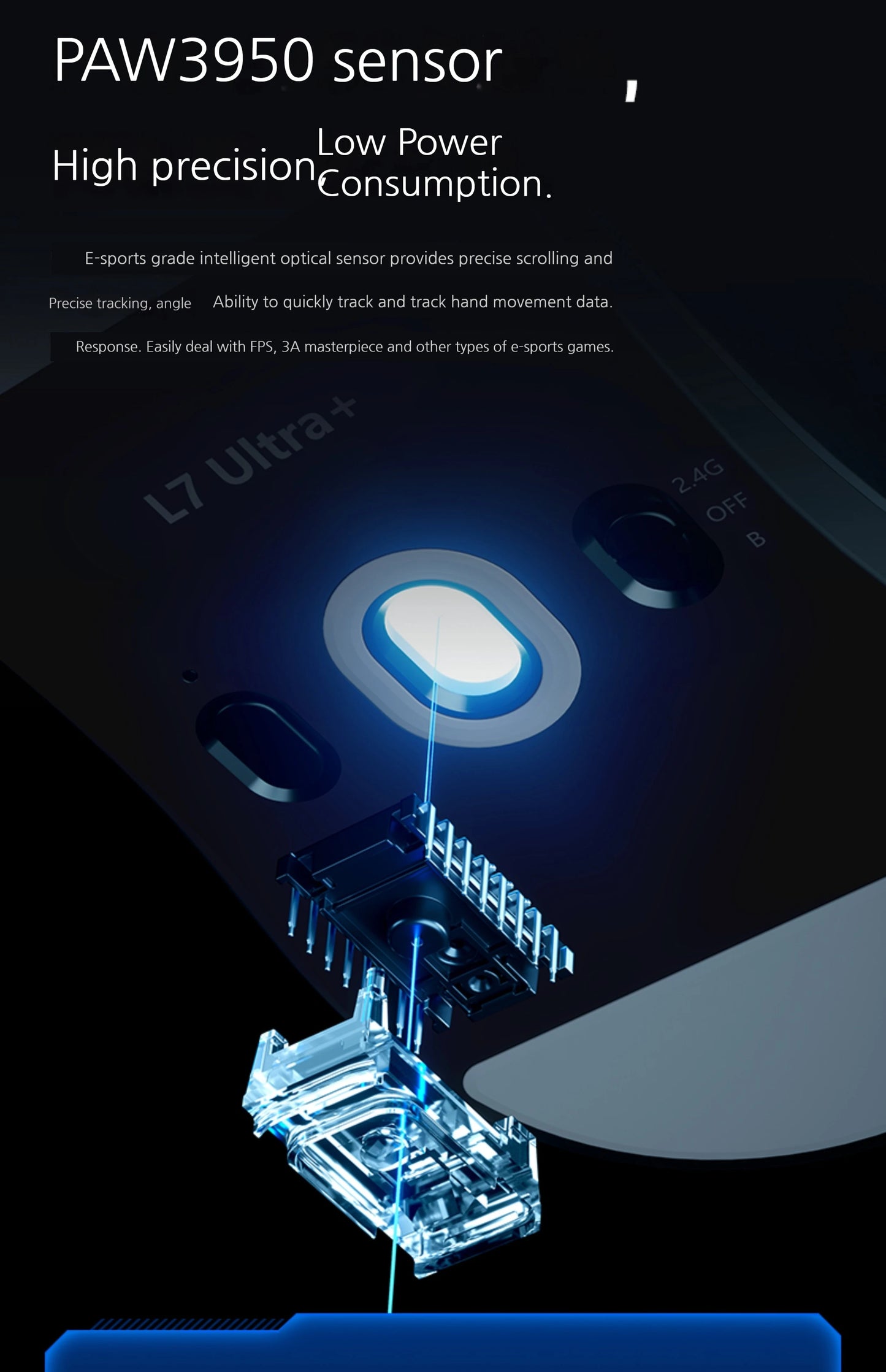 MCHOSE L7 Ultra+ Medium Large håndmus til gaming, e-sport, PAW3950, trådløs med tre tilstande, let kontormus med dual-drive til computer