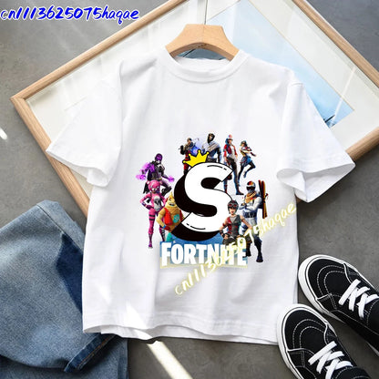 Fortnites Children T-shirts Game Cartoon Print Letter A-Z Fortress Night Tees Game Short Sleeves Tops Summer Boys Girls Clothes