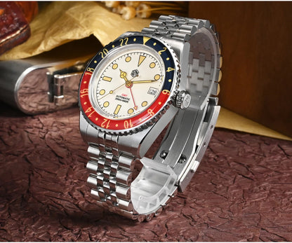 San Martin 40mm SN0005 Retro GMT NH34 Automatic Distressed Patina Dial Bi-color Sapphire Bezel Jubilee Mens Watches 20Bar Lume