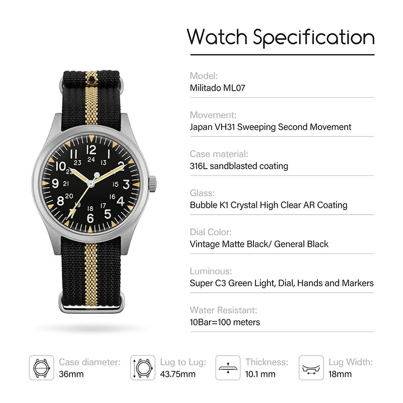 Militado ML07 Quartz Watch VH31 Movement Sapphire Crystal Military Watch 100m Waterproof High Clear AR Coating Luminous Watch