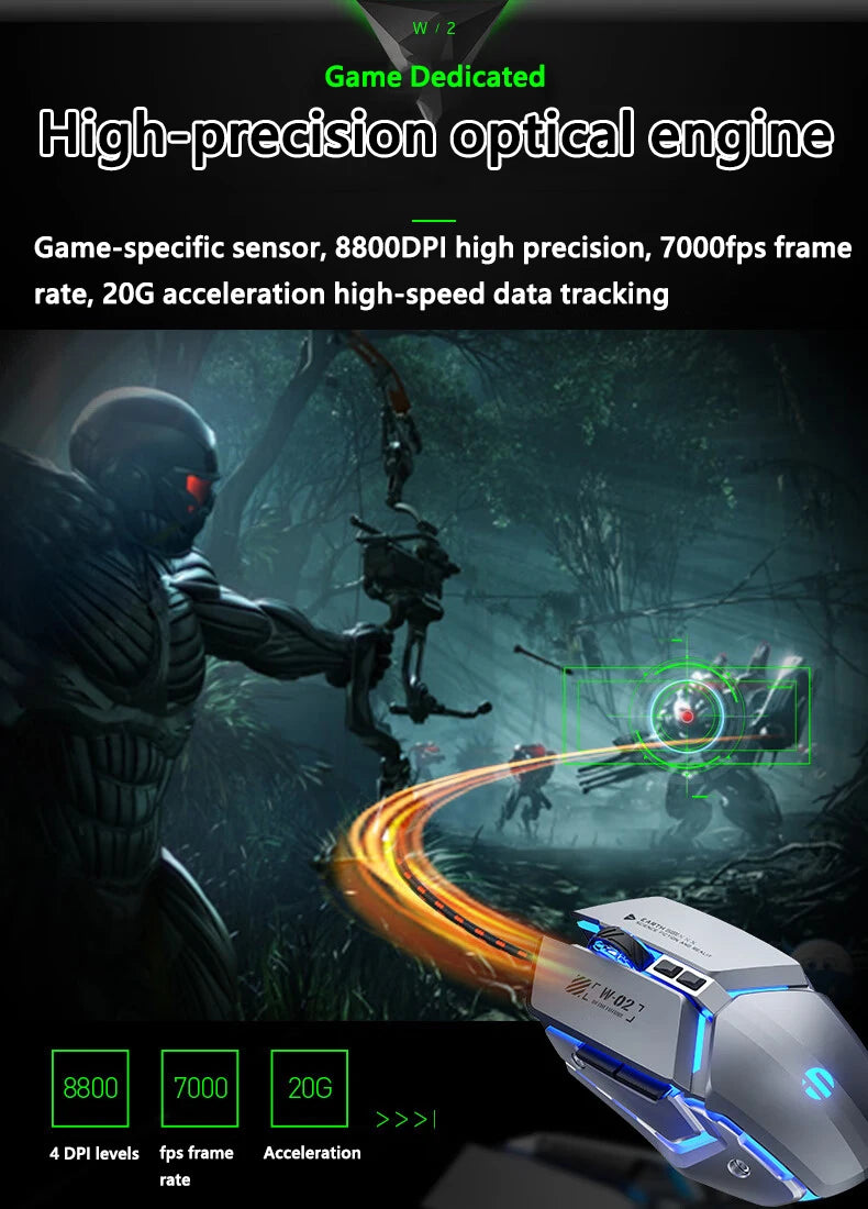 Mouse de gaming cu fir USB Inphic W2 a 2-a generație, clic silențios, stil metalic, 6 taste, programare macro, 8800DPI