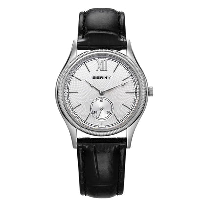 BERNY Men's Watches Luxury Classic Stylish Dress Quartz Watch Slim Stainless Steel Case Elegance Leather Strap Wristwatch
