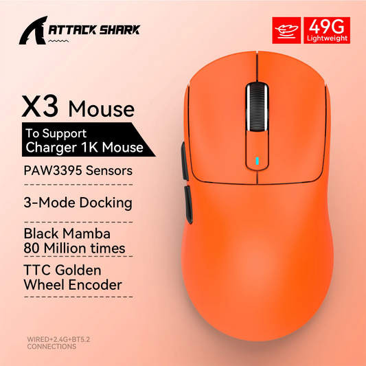X3 Gaming Mouse Wireless Attack Shark Red Color 4K Returns, Bluetooth Tri-Mode Connection, PAW3395, Macro Bluetooth Mouse Gaming