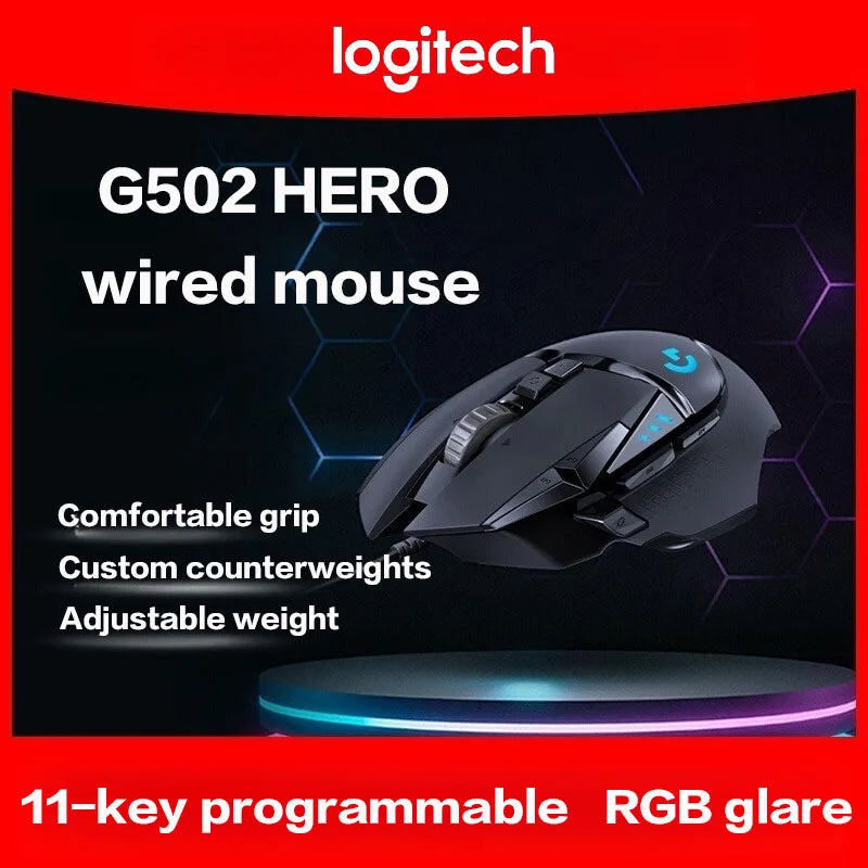 Rato gaming com cabo Logitech G502 HERO para e-sports, rato mecânico RGB com peso ajustável e macro programável para battle royale