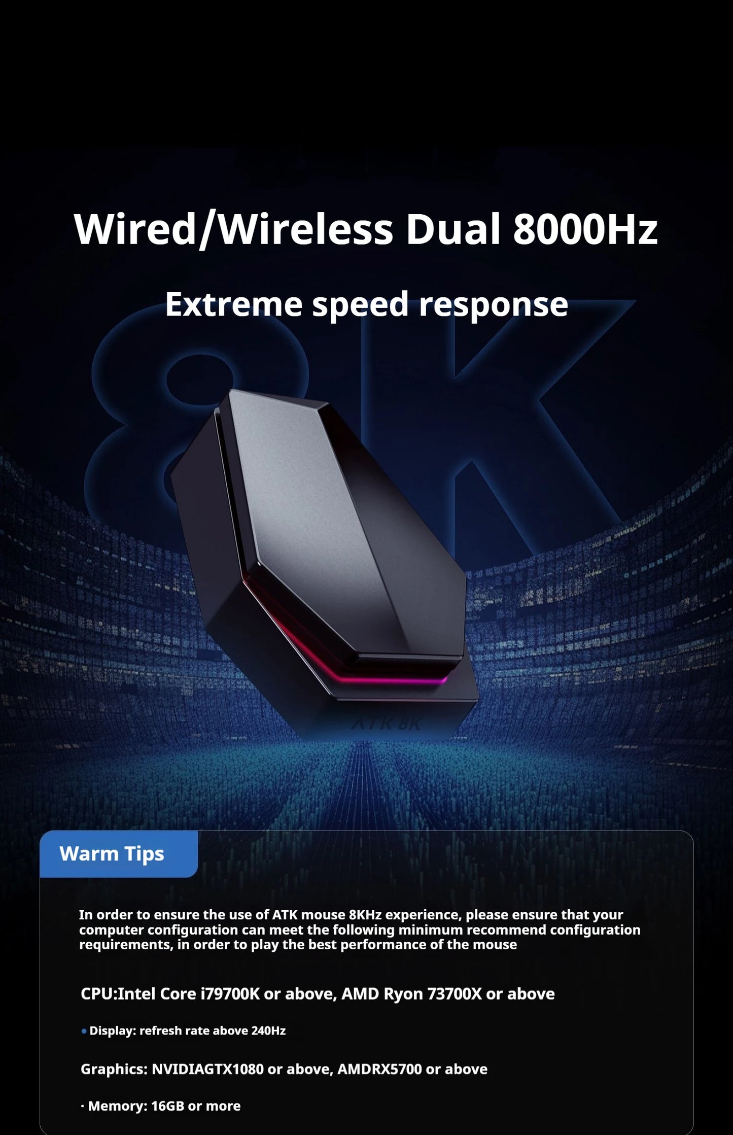 Mouse de gaming wireless ATK Z1 Pro Max Ultra, picioruș personalizat, PAW3950 Ultra Smart Speed Wireless, rată de polling 8k, latență redusă de 0.39ms