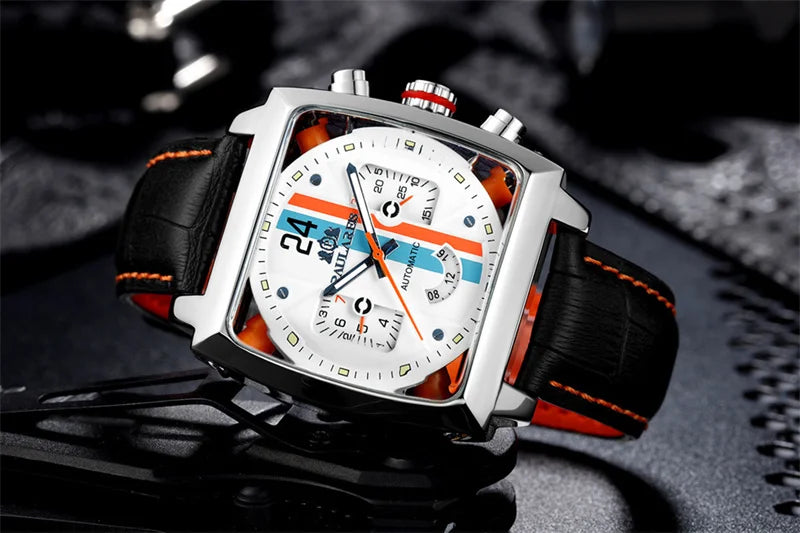 Original Brand Watches For Men Luxury Design Square Mechanical Watch Men Leather Strap Waterproof Date Week Wristwatches Male