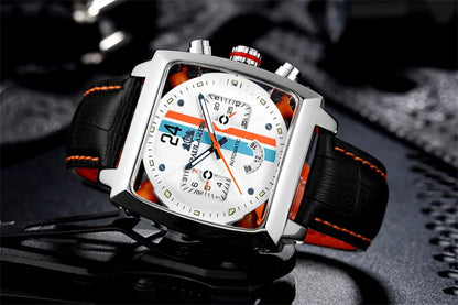 Original Brand Watches For Men Luxury Design Square Mechanical Watch Men Leather Strap Waterproof Date Week Wristwatches Male