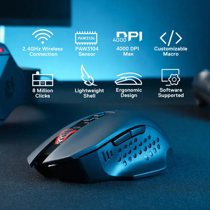 Mouse da gaming wireless Redragon M656 Gainer, 4000 DPI, 2.4Ghz, mouse gamer wireless con 5 livelli DPI, 7 pulsanti macro, retroilluminazione LED rossa