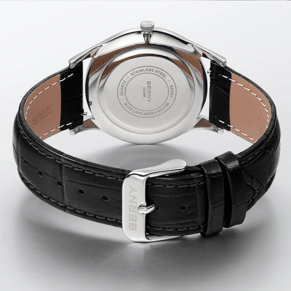 BERNY Men's Watches Luxury Classic Stylish Dress Quartz Watch Slim Stainless Steel Case Elegance Leather Strap Wristwatch