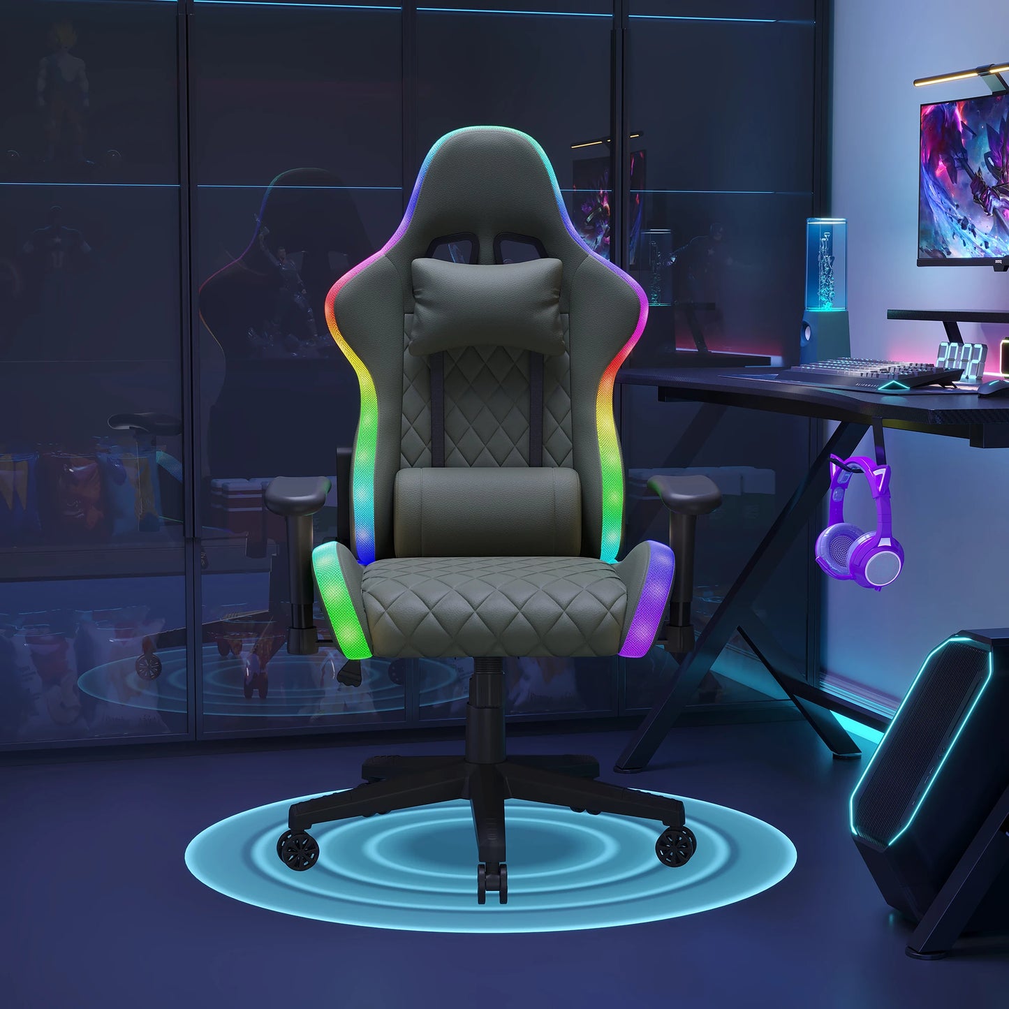 Gaming Chair, Ergonomic Gaming Chair with LED, Adjustable Computer Chair for Teenagers, Lumbar Cushion, Gamer Chair, Black