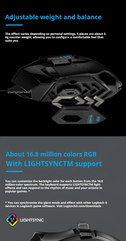 Rato gaming com cabo Logitech G502 HERO para e-sports, rato mecânico RGB com peso ajustável e macro programável para battle royale