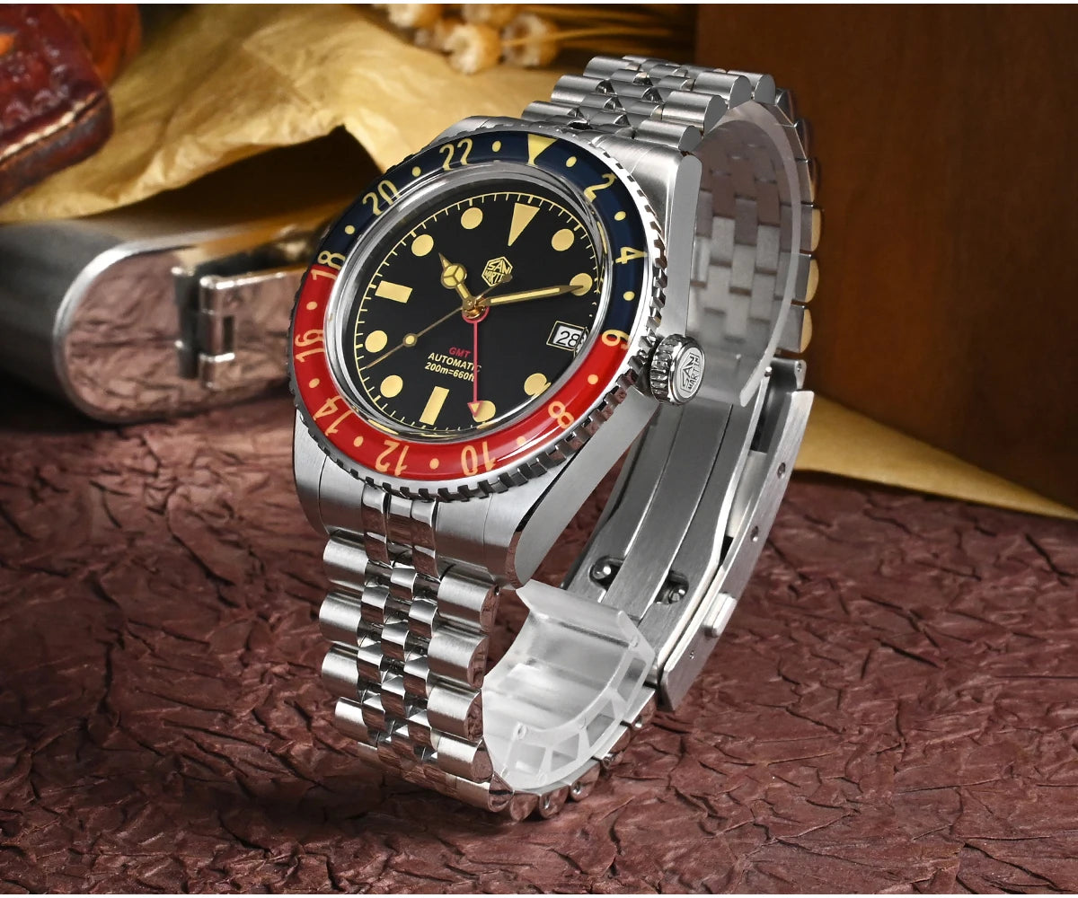 San Martin 40mm SN0005 Retro GMT NH34 Automatic Distressed Patina Dial Bi-color Sapphire Bezel Jubilee Mens Watches 20Bar Lume