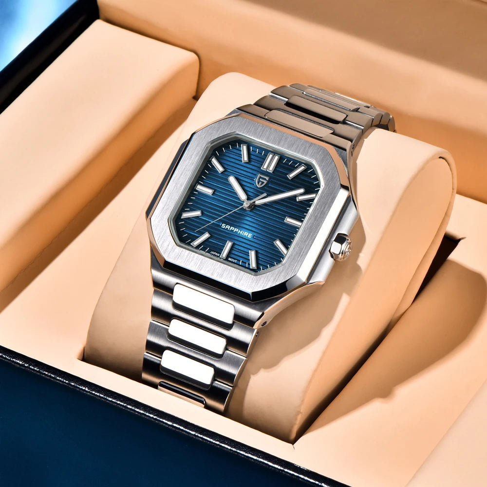 Nuovo orologio di lusso quadrato PAGANI DESIGN 2026 da uomo al quarzo, vetro zaffiro AR, movimento giapponese, luminoso, in acciaio 316L all steel
