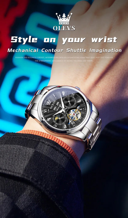 OLEVS 7028 Automatic Mechanical Men's Watch Tourbillon Dial Multifunctional Date Waterproof Luminous Watch for Men