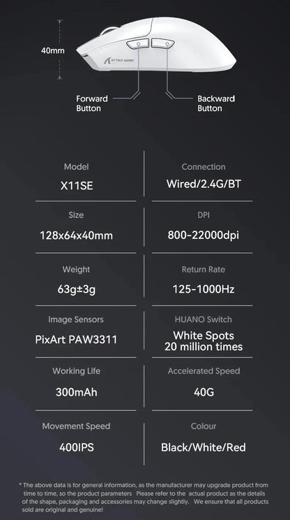 ATTACK SHARK X11SE ultra lagani bežični gaming miš, životni vijek od 20Million ciklusa, PAW3311 Gaming, 22KDPI, 400IPS, 40G, 1KHz, 65 Hours, 30mAH