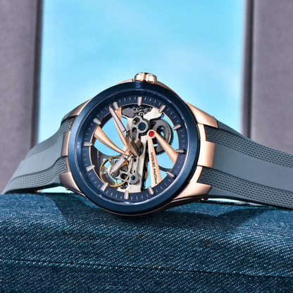 Ceas pentru bărbați PAGANI DESIGN – Model mecanic automat de lux, de tip „schelet” (cu mecanism expus), dotat cu un tourbillon, sticlă de safir cu tratament antireflex, rezistent la apă și luminescent.