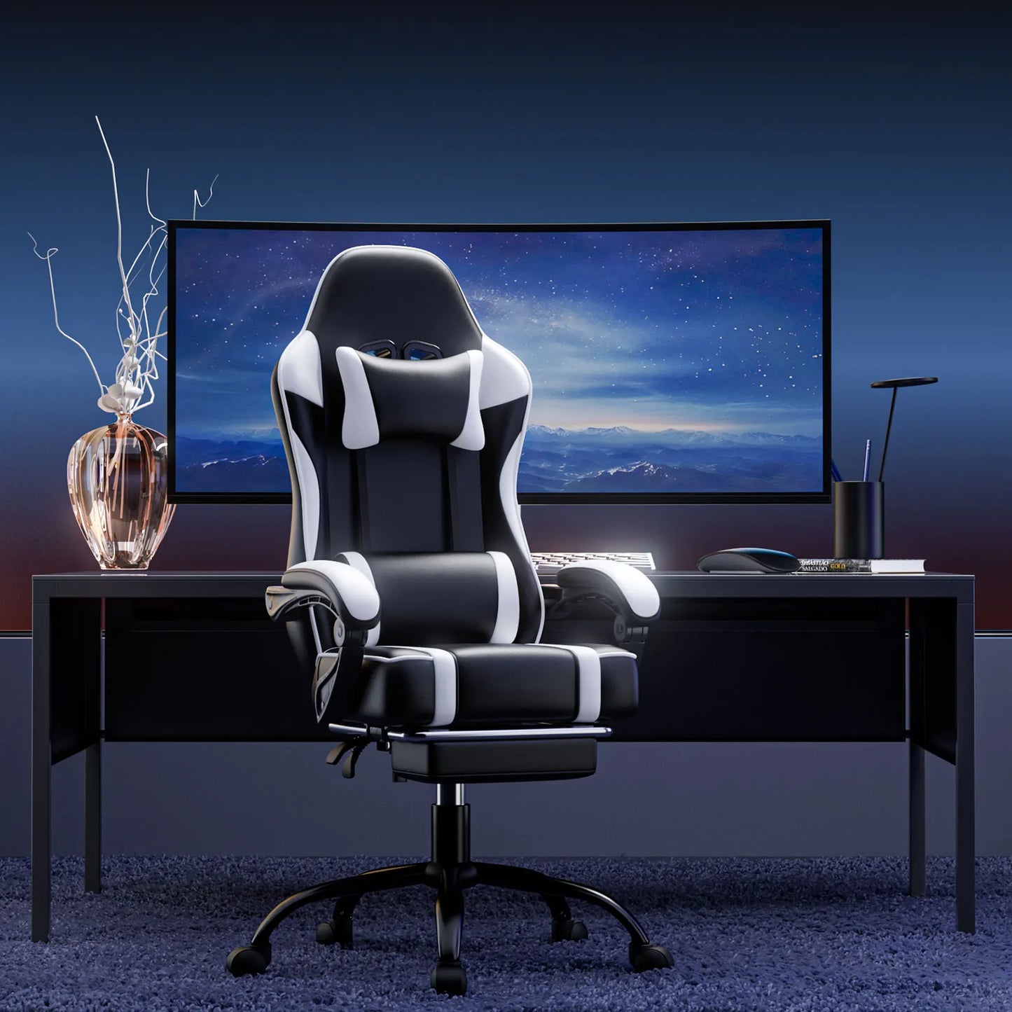 Ergonomic Gaming Chair with Footrest, High-Back Video Game Chair Computer Chair, Office Chair with Headrest and Lumbar, PU Leather