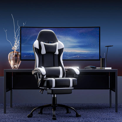 Ergonomic Gaming Chair with Footrest, High-Back Video Game Chair Computer Chair, Office Chair with Headrest and Lumbar, PU Leather