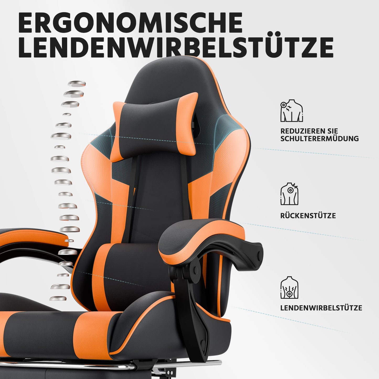 Ergonomic PU leather gaming chair with lumbar support, adjustable height and backrest, 200KG load capacity, black orange