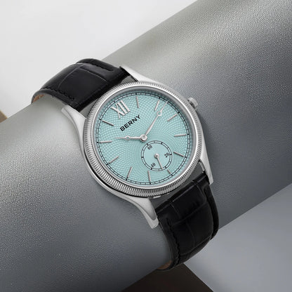 BERNY Men's Watches Luxury Classic Stylish Dress Quartz Watch Slim Stainless Steel Case Elegance Leather Strap Wristwatch