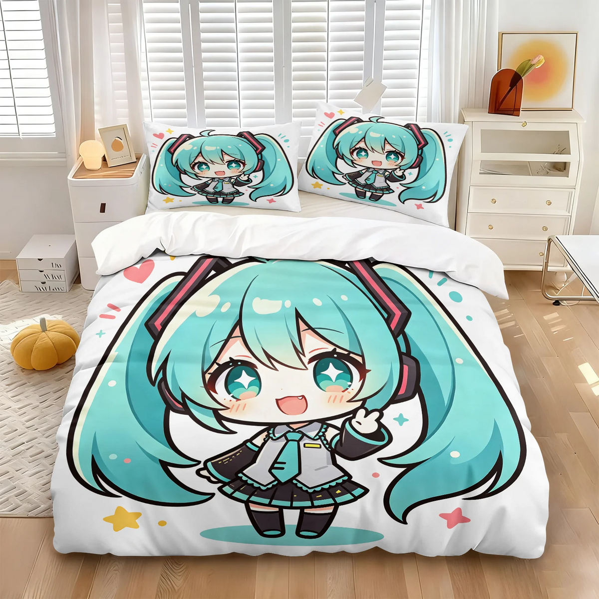 Hatsune Miku Chibi Style påslakanset – Söt anime-sängklädsel med örngott – Spelrum – Tonåringars och barns sovrumsinredning – Present till fans