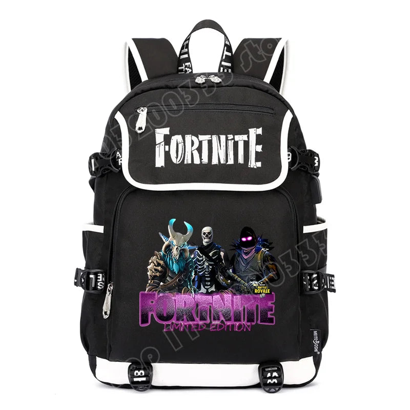 Mochila Fortnite de Grande Capacidade, Saco de Ombro Casual com Porta USB, Unissexo, Estilo Anime, para Estudantes, Nova Mala Escolar Elegante, Presente de Papelaria