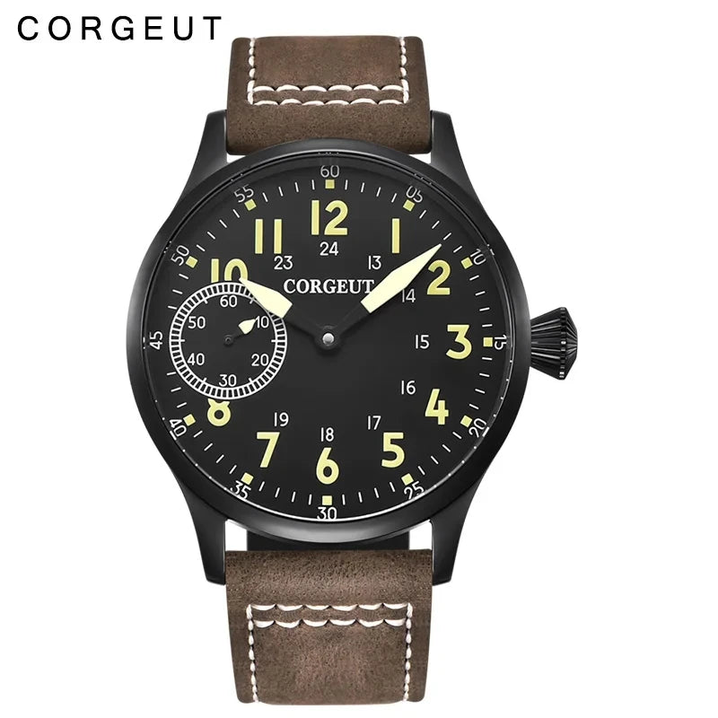 Corgeut 44mm Leather Luminous Mechanical Hand Winding Watch For Men 17 Jewels ST3600 Seagull 6497 Movement Sport Wristwatches