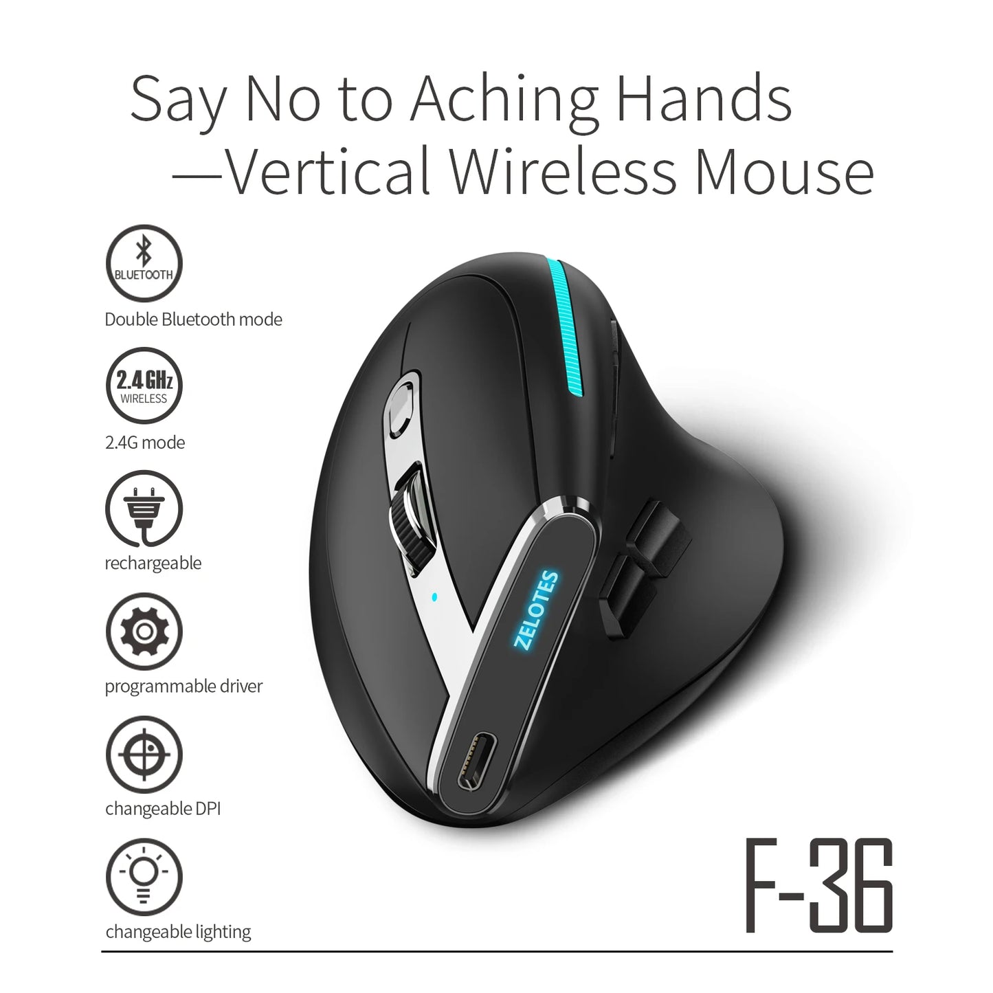 ZELOTES F36 Vertical Wireless Mouse Bluetooth Ergonomic Mice Rechargeable Programmable Gaming Mouse 2.4G 2400DPI for Laptop PC