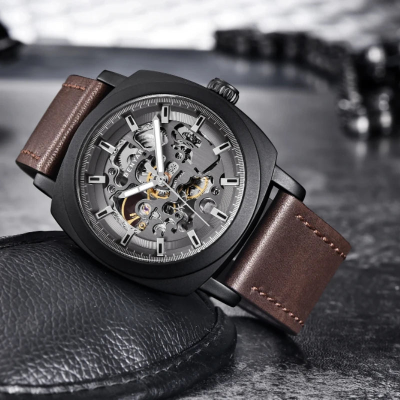 BENYAR Watch for Men Luxury Skeleton Tourbillon Automatic Mechanical Men's Watch 30M Waterproof Leather Strap Sports Reloj Hombre