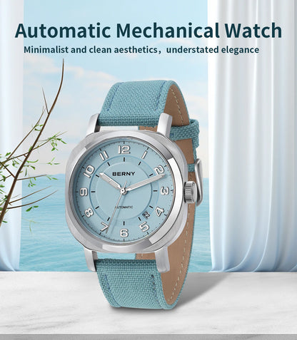 BERNY Mechanical Watch For Women Self-wind Pillow Cushion Sapphire Super Luminous Wristwatch Canvas Calendar Watch For Ladies