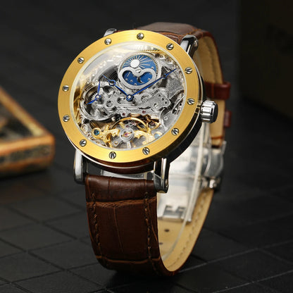 Avtomatska mehanska zapestna ura SKROX za moške, skeletni model s funkcijo GMT, prikazom luninih faz in turbijonom – elegantna in izvirna luksuzna ura najvišjega razreda.