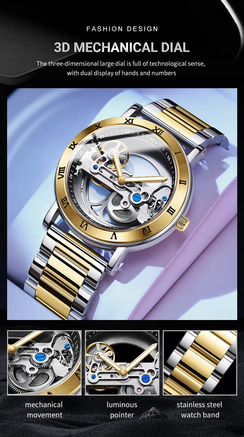 AKDPN Men's Watches Automatic Mechanical Stainless Steel Men's Wrist Watch Skeleton Automatic Watches for Man Watch Montre Homme