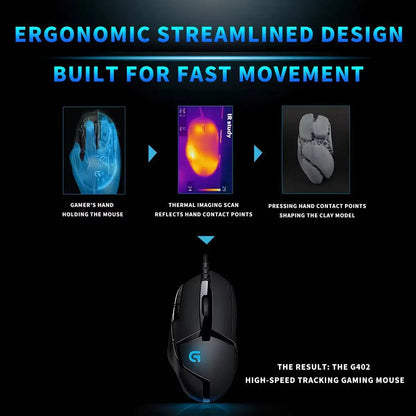 Laidinė žaidimų pelė Logitech G402, 32 bitų ARM procesorius, 8 mygtukai, 500 IPS, neslystanti – visos dienos žaidimų ir darbo sesijoms