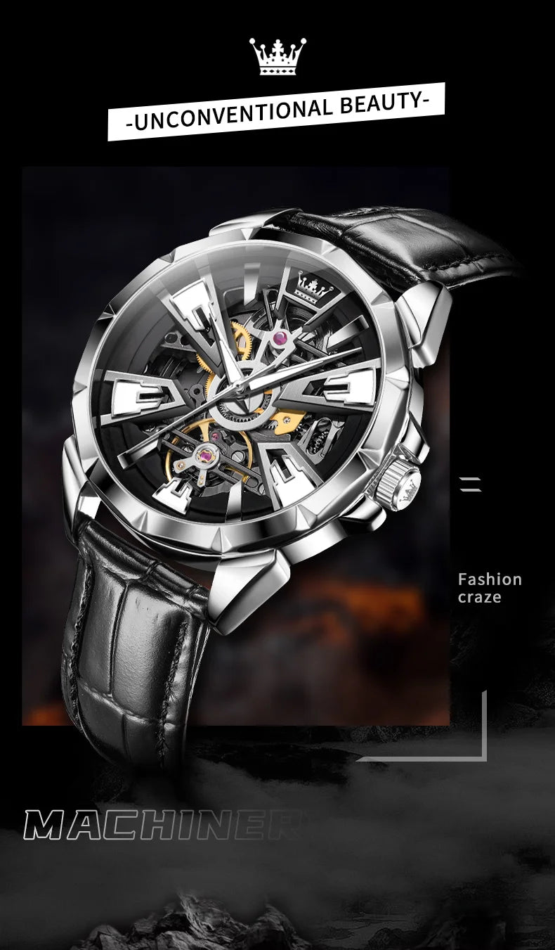 OLEVS 7051 Fashion Men's Watch Leather Strap 30M Waterproof Hollow HD Luminous Automatic Mechanical Wristwatch for Men