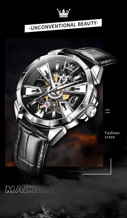 OLEVS 7051 Fashion Men's Watch Leather Strap 30M Waterproof Hollow HD Luminous Automatic Mechanical Wristwatch for Men