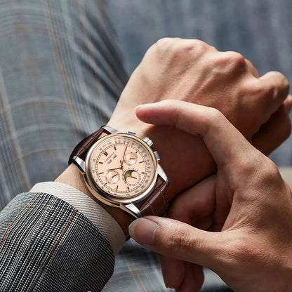 Forsining Retro Mechancial Watches Moon Phase Shanghai Movement Rose Gold Case Brown Leather Strap Luxury Automatic Mens Watch