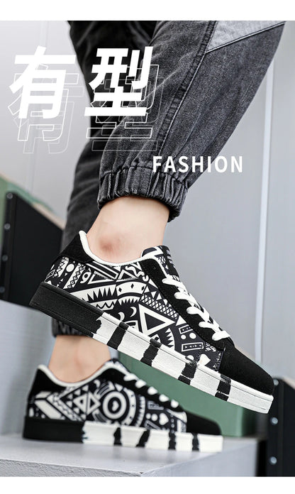 YRZL Men's Sports Running Shoes Canvas Geometric Style Lace-Up Sneakers Couples' Fashionable Graffiti Print Skate Shoes