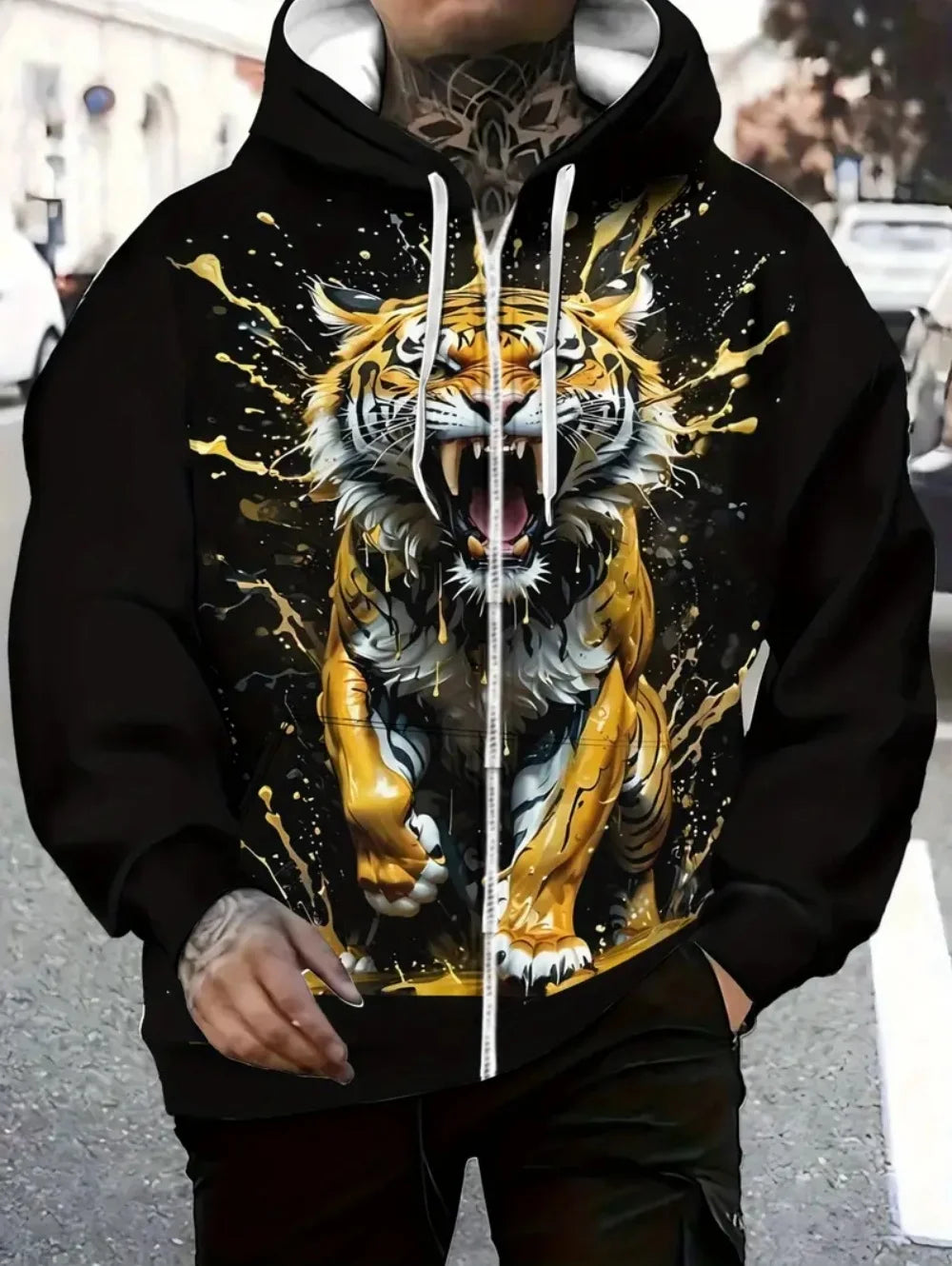 2025 Mens Long Sleeve Zip up Tiger Graphic Hoodie Casual Outdoor Fashion Coat with Drawstring and Pockets Zipup Hoodie for Man
