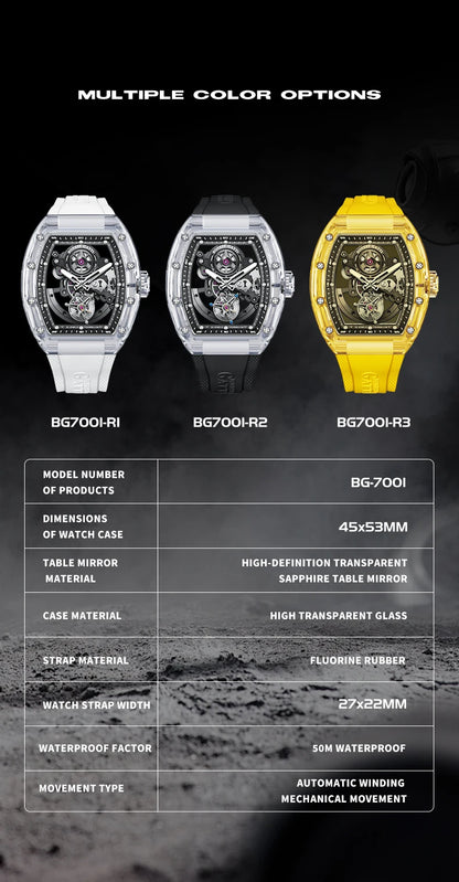 BONEST GATTI Luxury Men Automatic Tourbillon Watch Hollow Out Dial Crystal Case Sapphire Luminous Rubber Strap Wristwatch