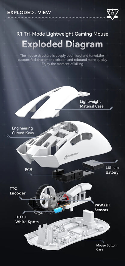 Attack Shark R1 18000dpi Wireless Mouse, 1000Hz, Tri-mode Connection, PAW3311, Macro Gaming Mouse