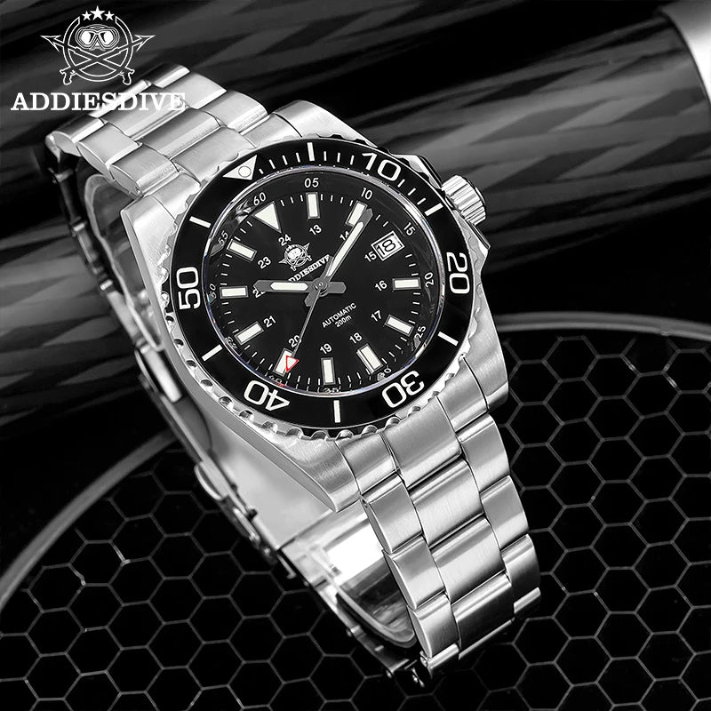 ADDIESDIVE Men's Diver's Watch 200m Sapphire Luminous Ceramic Bezel Men's Analog Mechanical Watch Stainless Steel Diving Watches