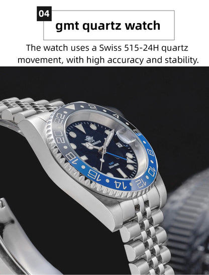 ADDIESDIVE Watch For Man Quartz GMT 20Bar Waterproof BGW9 Super Luminous 316L Stainless Steel Ceramic Bezel Watch