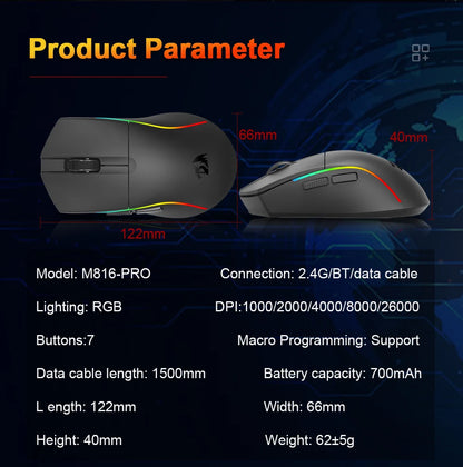 Mouse gaming REDRAGON DEICIDE M816 PRO RGB USB cu suport Bluetooth 2.4G wireless, 26000 DPI, 6 butoane pentru gameri, mouse cu fir pentru computer