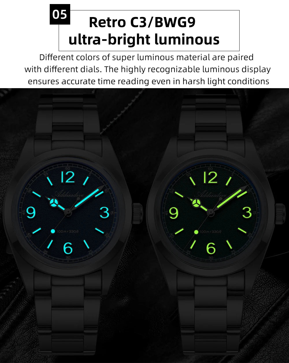Relógio para homem ADDIESDIVE 36mm em destaque AD2518 com vidro espelhado convexo, aço inoxidável 316L, Reloj Hombre, 100m à prova de água, quartzo